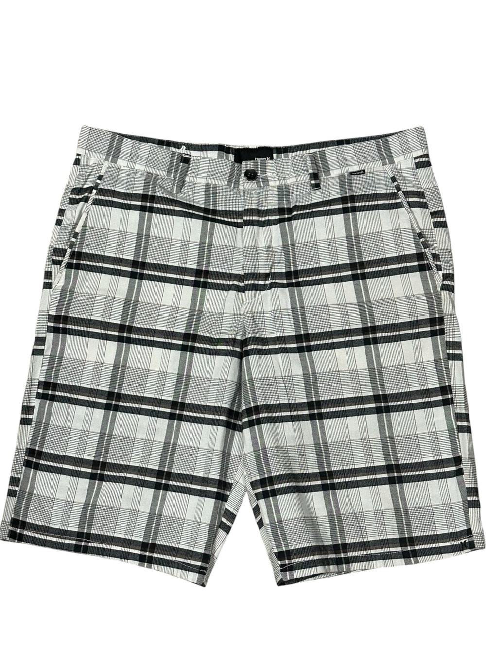 Hurley Men’s Flat Front Walk Shorts White Plaid Logo Pockets 36in